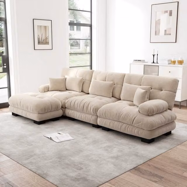 Divano angolare modulare Mivray reversibile in tessuto beige o marrone con ottomane coordinato per soggiorno e home office