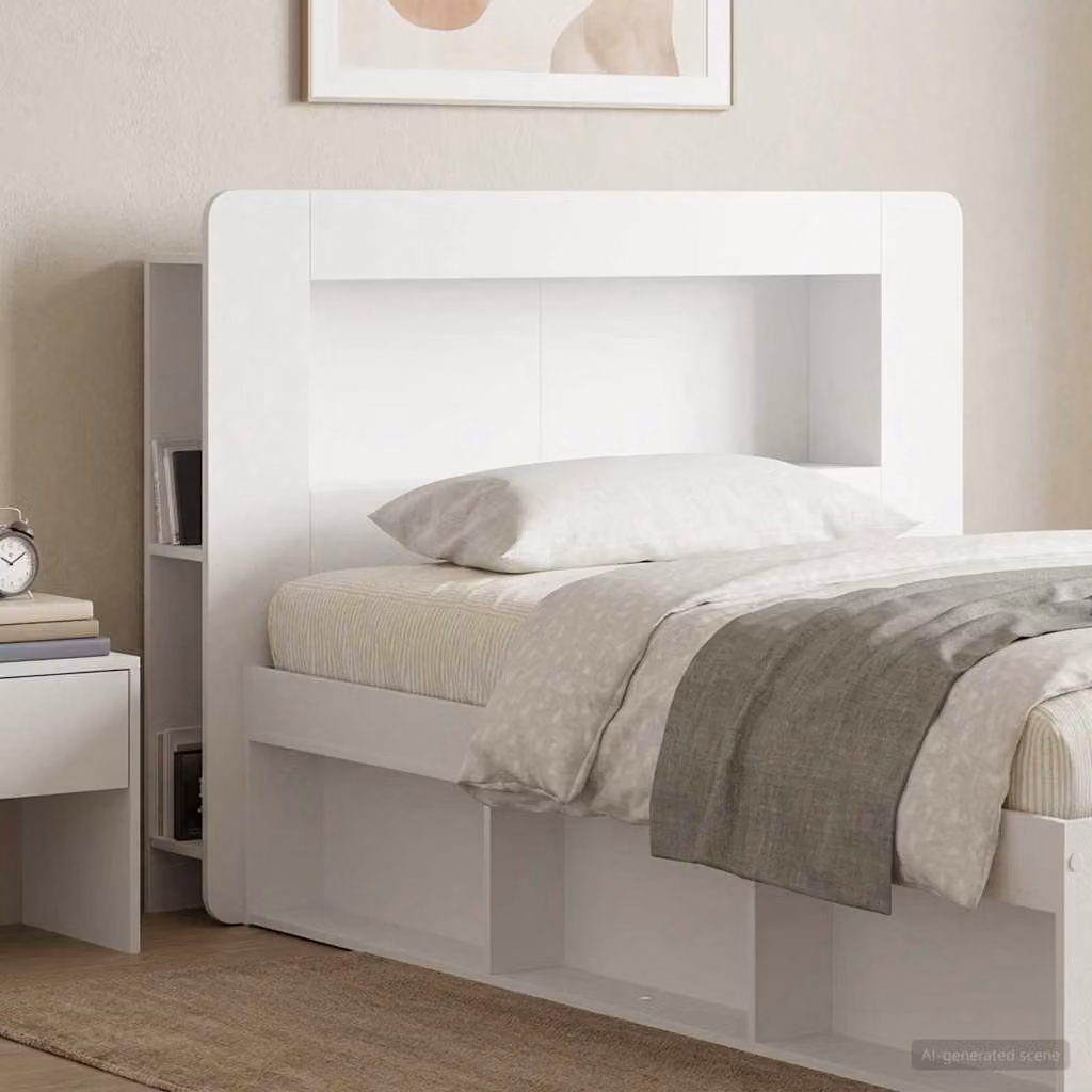 Testata del letto moderna vidaXL in legno ingegnerizzato bianco lucido con ripiani integrati
