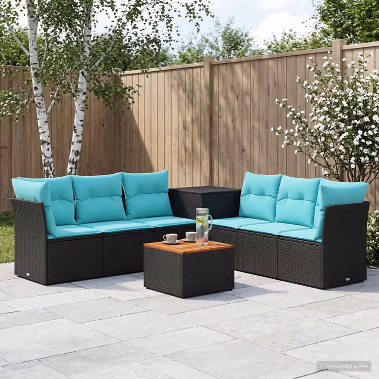 Set di divani da giardino vidaXL a forma di U composto da 8 pezzi in polyrattan con struttura in metallo e cuscini inclusi, colori nero e blu