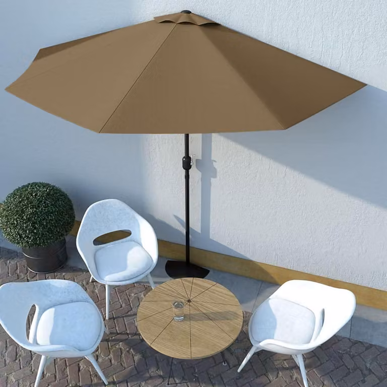Parasole a semicerchio per balcone, con manovella, struttura in acciaio, colore tortora, dimensioni 300x150 cm, con sistema di ventilazione
