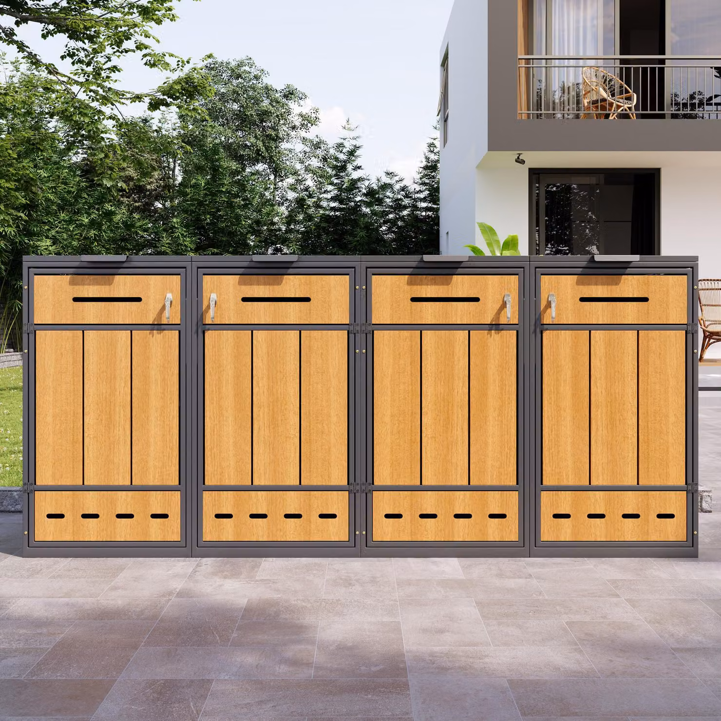 Flieks Box per bidoni della spazzatura 2 pezzi, armadio per bidoni della spazzatura con 4 bidoni da 120-240 litri, box per bidoni della spazzatura con ante e serrature, 264x80x118 cm, grigio