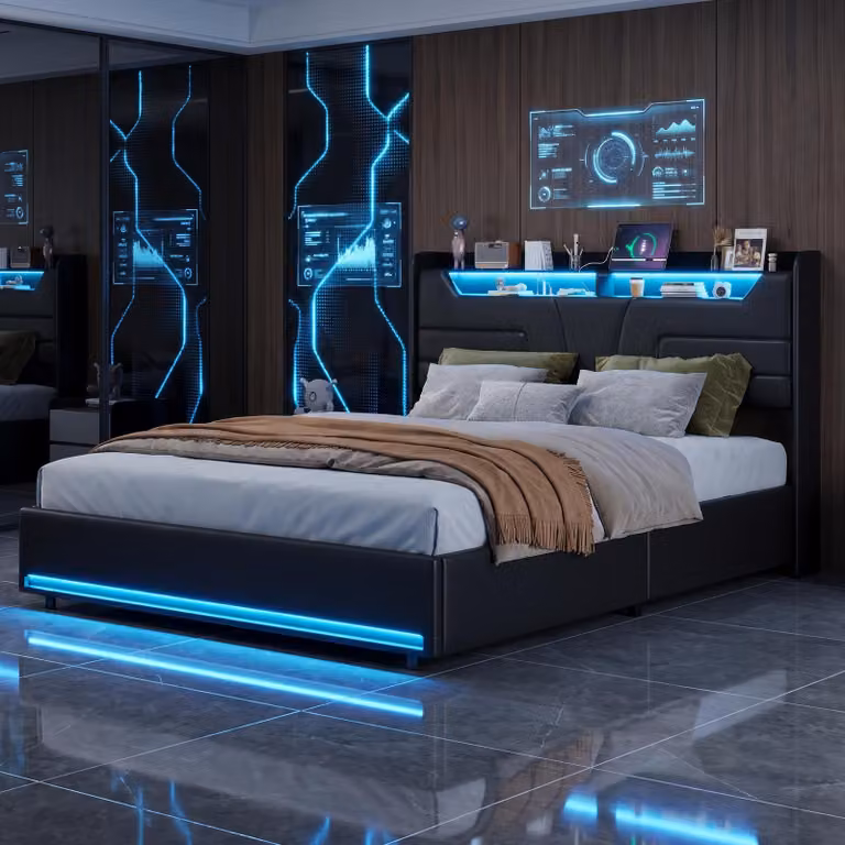 Letto con boxspring INONEFT, 140x200 cm, con luci LED e caricabatterie USB, letto contenitore con cassone, letto imbottito idraulico con spazio contenitore/rete, in PU, colore nero