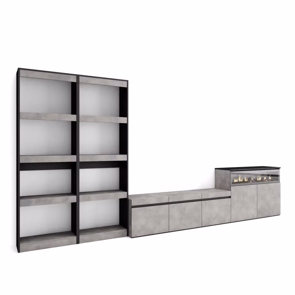 Mobile TV da soggiorno Skraut Home con camino elettrico e illuminazione integrata, grigio cemento, L: 370 cm, P: 35 cm, H: 186 cm – 2