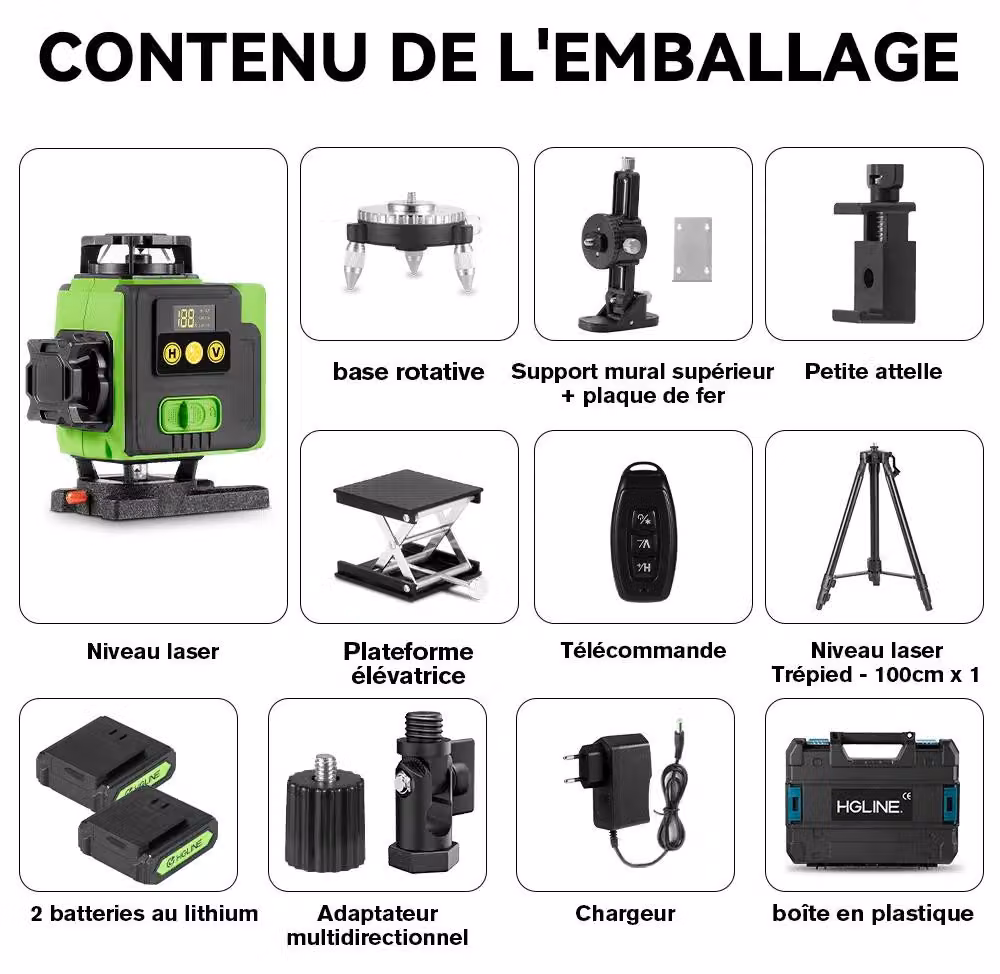 Livella laser 4D - 16 linee - Linee orizzontali e verticali - Autolivellante ±3° - Controllo tramite app e telecomando - Batteria da 6000 mAh - Kit con treppiede da 1 metro