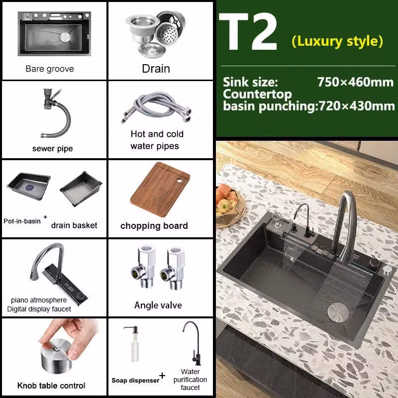 Lavello da cucina in acciaio inossidabile con rubinetto a cascata e display digitale