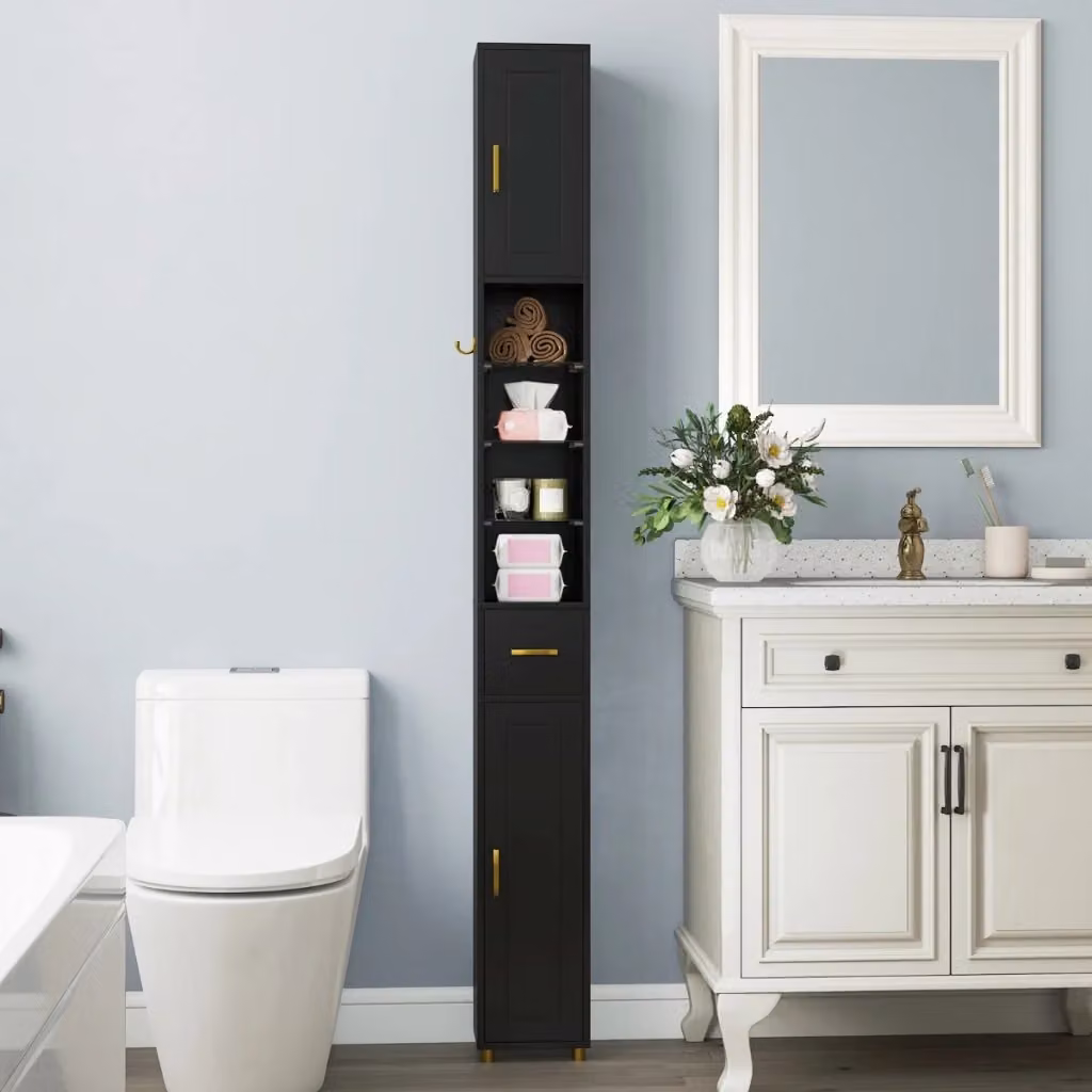 Mobiletto da bagno moderno Design Mania nero con ante a battente, ripiani interni e illuminazione integrata, L: 181 cm – 2