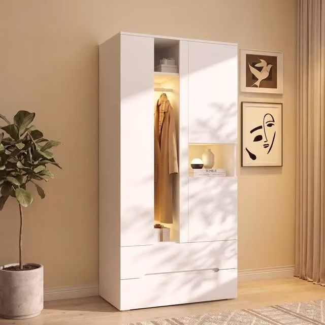 Armadio con LED 2 cassetti 6 vani e asta appendiabiti moderno in MDF vetro e acciaio bianco 90 × 50 × 200 cm