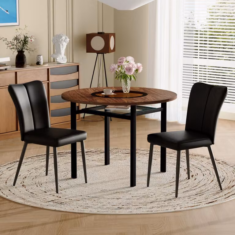 STILVORA Tavolo da pranzo rotondo da 100 cm con 2 sedie nere – Inserto in vetro e ripiano in vetro, tavolo da cucina e da pranzo moderno con effetto legno