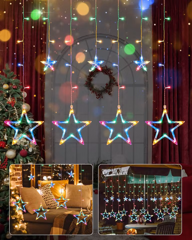 Catena luminosa a LED con 138 luci, ideale per decorazioni natalizie per finestre, dimensioni 2,4 x 1 metro, con timer integrato