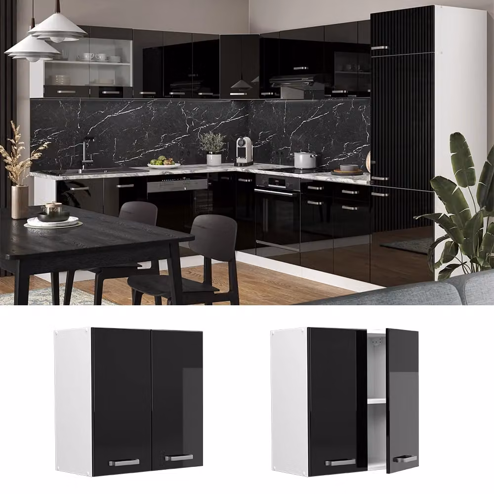 Pensile da cucina moderno Vicco R-Line con ante a battente, nero, bianco e grigio lucido, L: 60 cm, H: 31 cm, P: 60 cm – 2