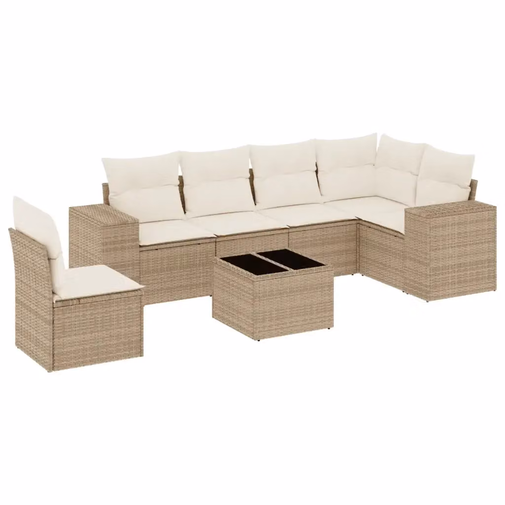 vidaXL Set Divani da Giardino 7 pz a Forma a L con Cuscini Beige e Tavolino da Esterno in Polyrattan e Acciaio – 2