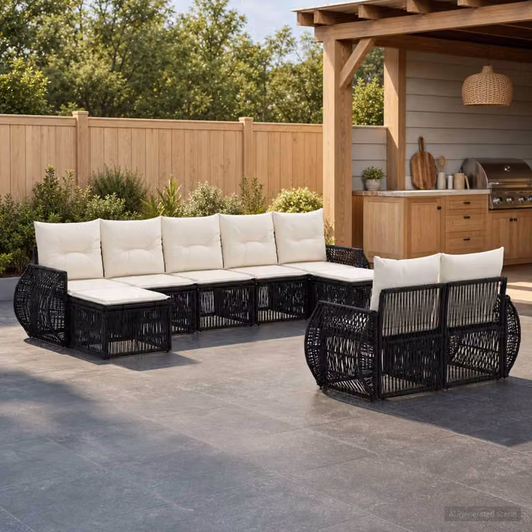Set Divano da Giardino vidaXL 9 Pezzi a Forma di U in Polyrattan con Cuscini, Nero e Bianco Crema