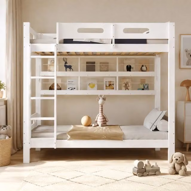 Letto a castello ULEVR 90x200 cm con protezione anticaduta, scala a 5 gradini e scaffali aperti, bianco naturale