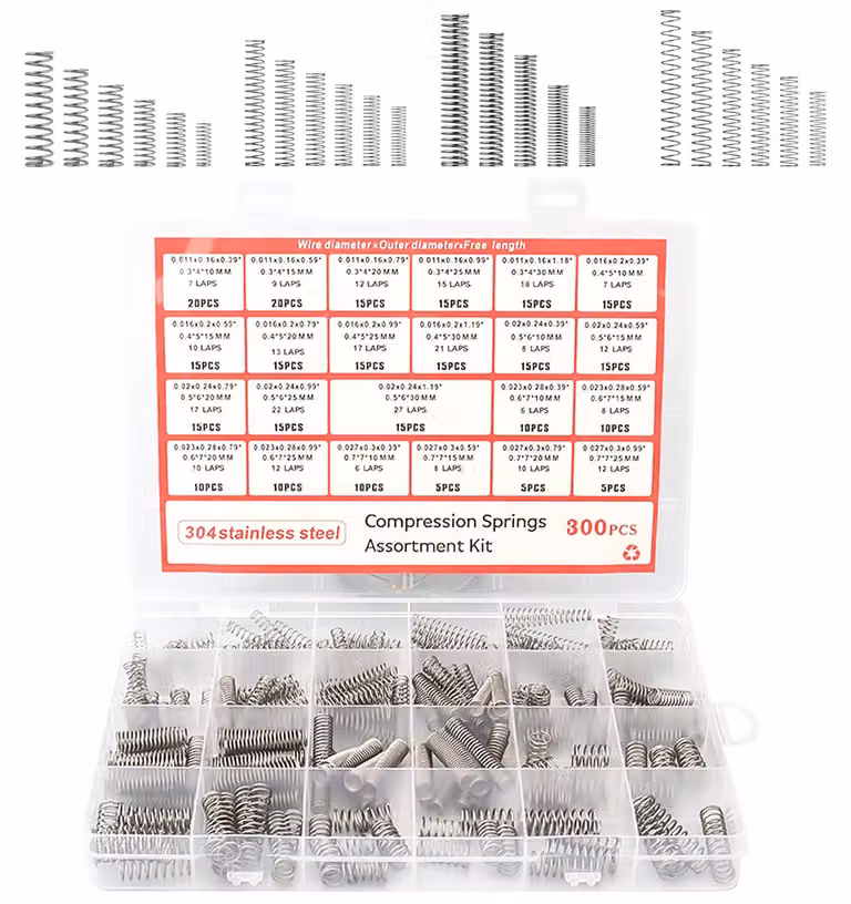 Assortimento di molle a compressione, 300 pezzi, 23 dimensioni, acciaio inossidabile, confezione