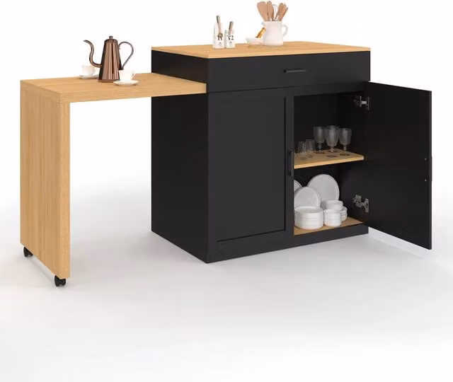 IDMarket Isola centrale VITO con tavolo da pranzo integrato allungabile in legno nero e finitura faggio – 1