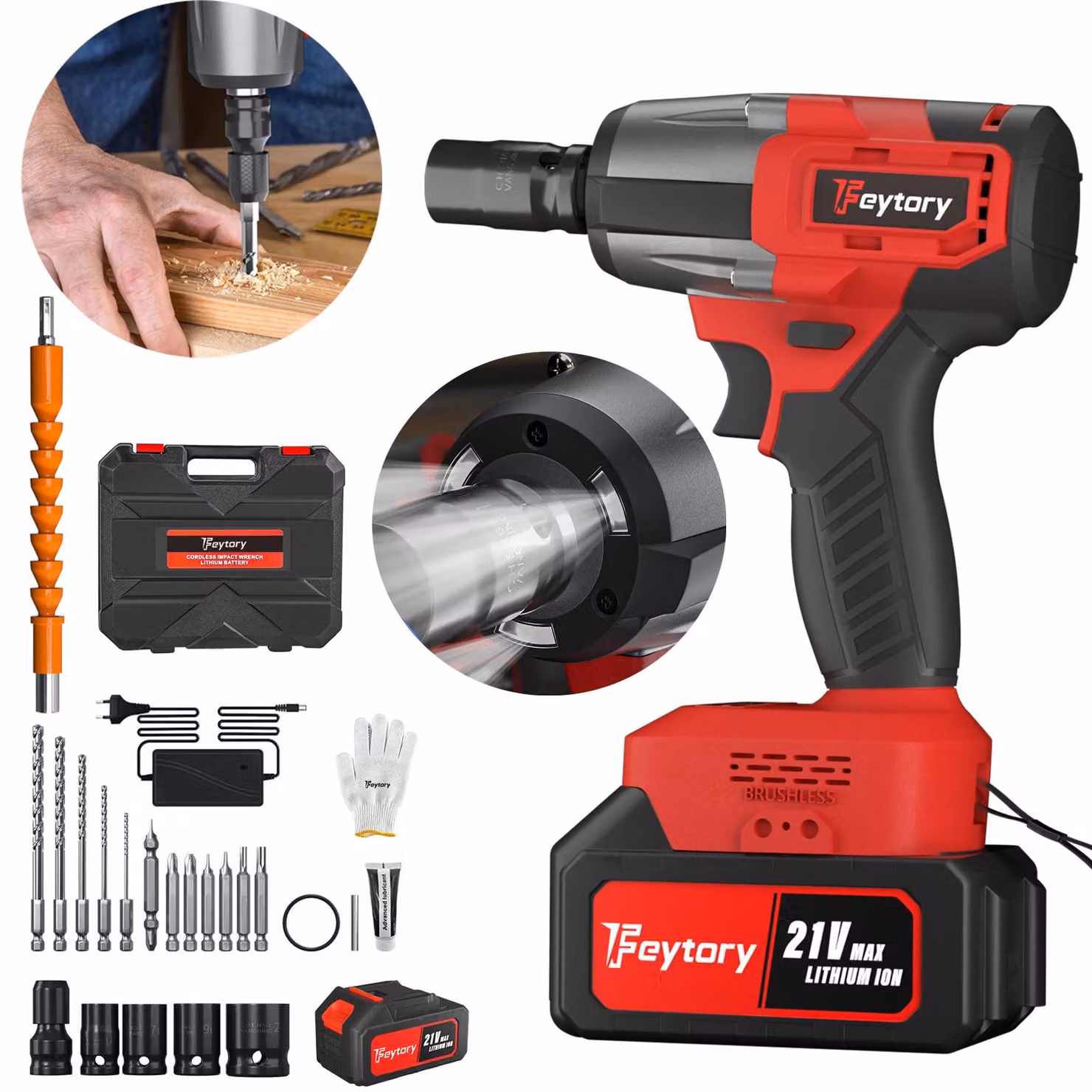 Avvitatore a percussione a batteria - Attacco quadrato da 1,27 cm - Coppia di 200 Nm, motore brushless - 3 velocità, 0–3200 giri/min - Batteria da 6,0 Ah - 4 bussole, 12 inserti, custodia