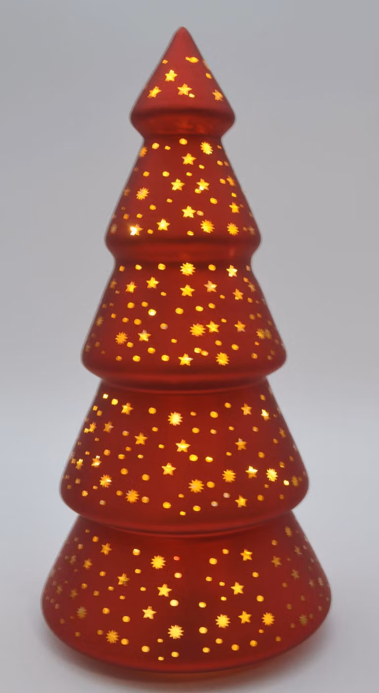 1 albero decorativo rosso con piccole stelline ritagliate, luci LED con timer, 25 cm