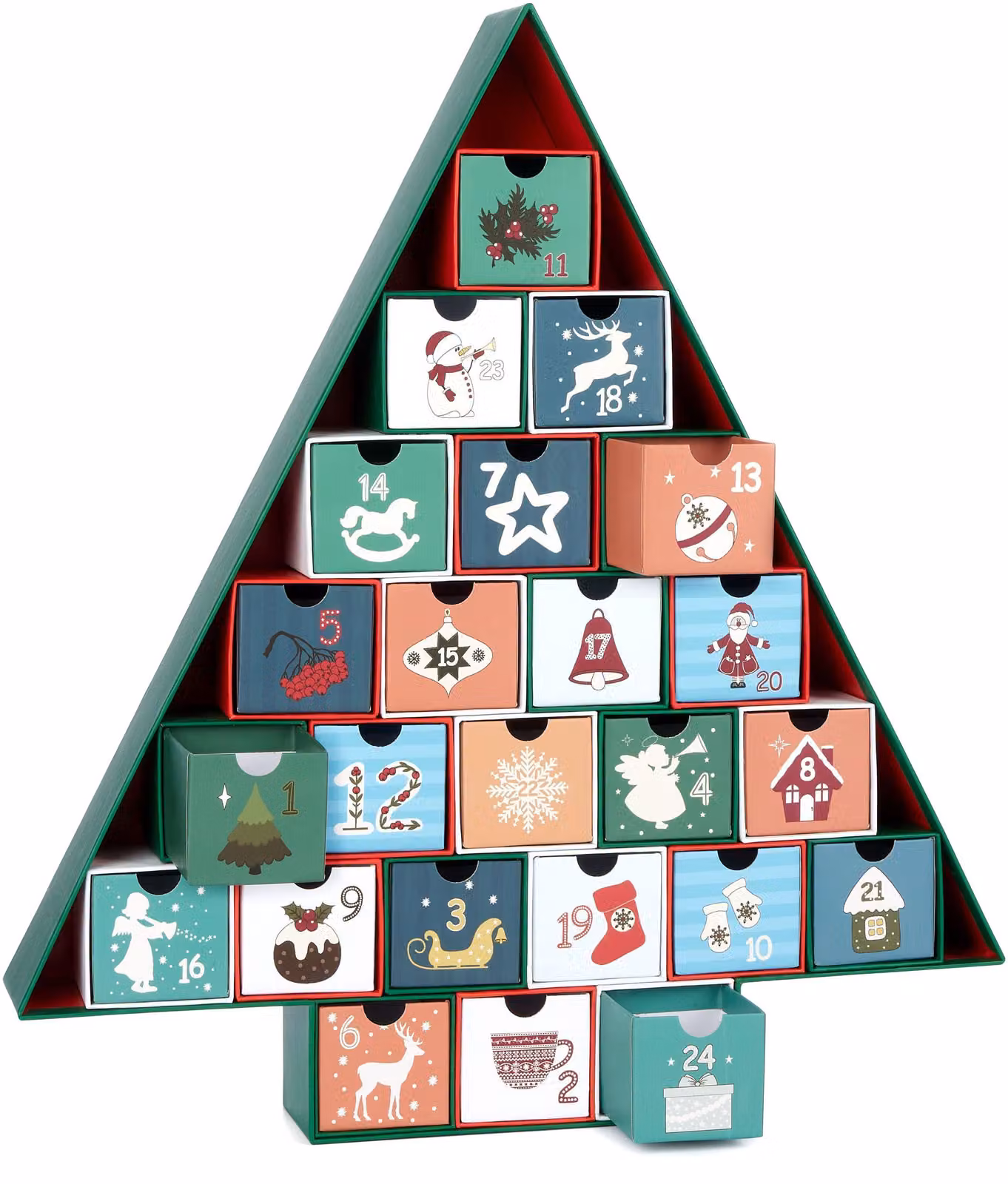 Calendario dell'Avvento a forma di albero di Natale, altezza 51 cm, con 24 scomparti, realizzato in cartone, colore verde