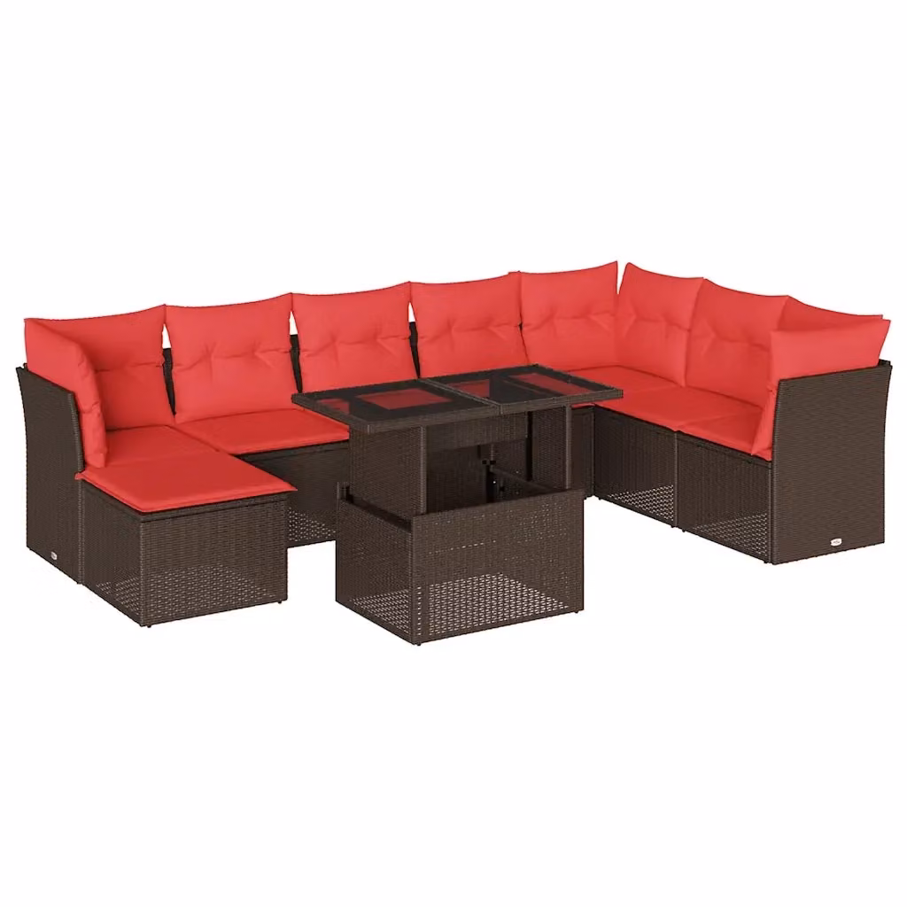 Set di divani da giardino vidaXL a forma di U composto da 9 pezzi con cuscini marroni e rossi in rattan e metallo con tavolino da caffè e pouf – 2