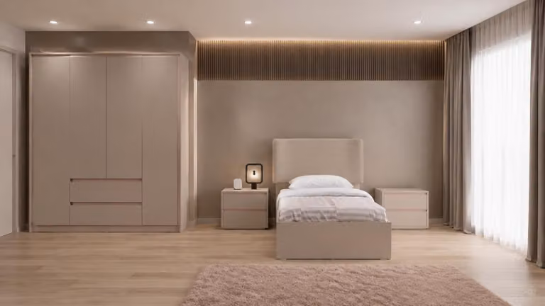 Letto, armadio e comodini moderni color beige per una camera da letto per adolescenti, adatti a ragazze