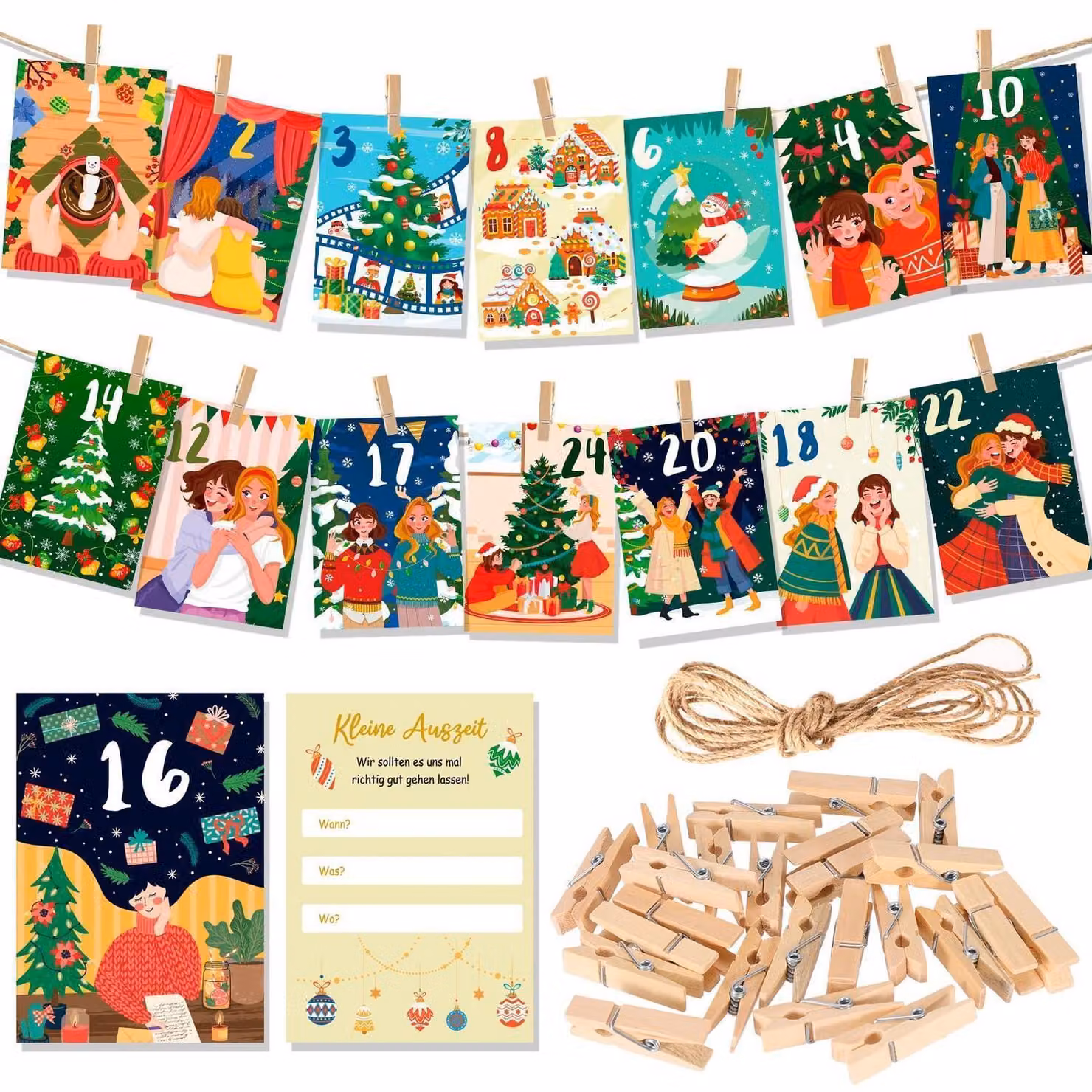 Calendario dell'Avvento per amiche, con 24 bigliettini e mollette di legno