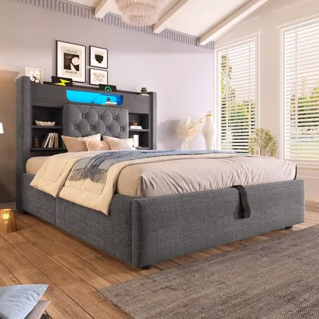 Letto singolo 90 × 200 cm con vano idraulico, LED, USB e Type-C, mensole, senza materasso, in lino grigio