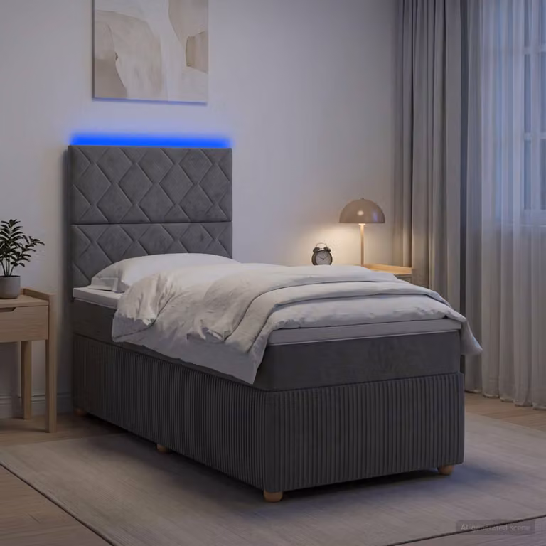 Letto Box Spring vidaXL con Materasso Ibrido e Illuminazione LED sotto il letto, Grigio e Bianco, L/P: 190 x 90 cm