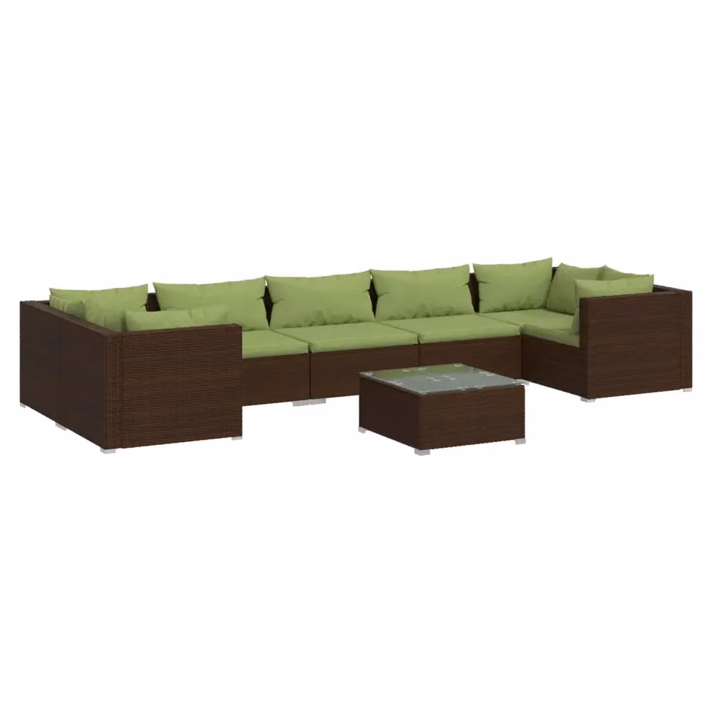 Set da giardino moderno vidaXL composto da 8 pezzi con divano ad angolo a forma di L, tavolino da caffè e cuscini, colore marrone e verde con struttura in metallo e rattan – 2