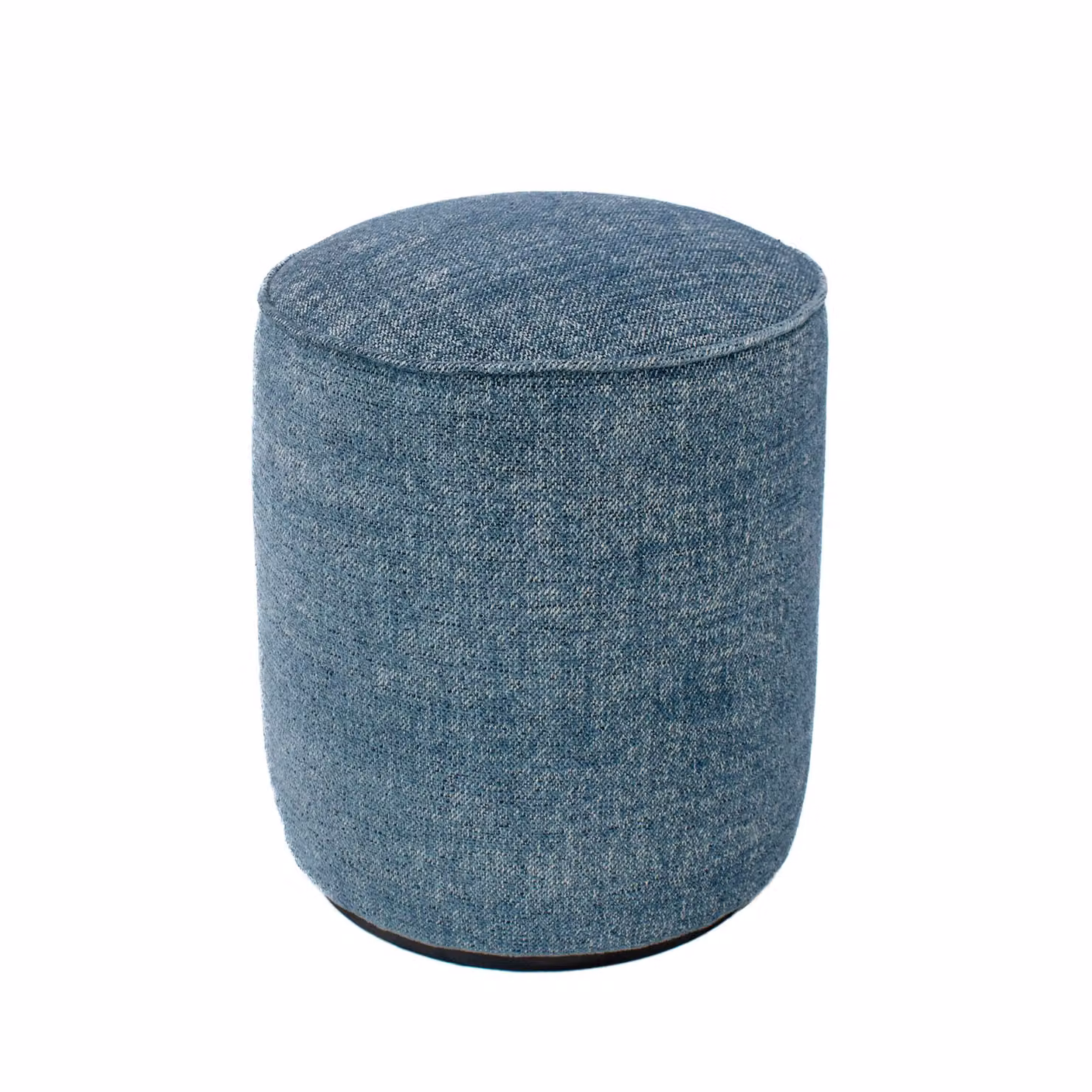 Pouf artigianale di design PROCIDA Ø 40 cm Made in Italy in tessuto melange azzurro con base MDF nera, personalizzabile