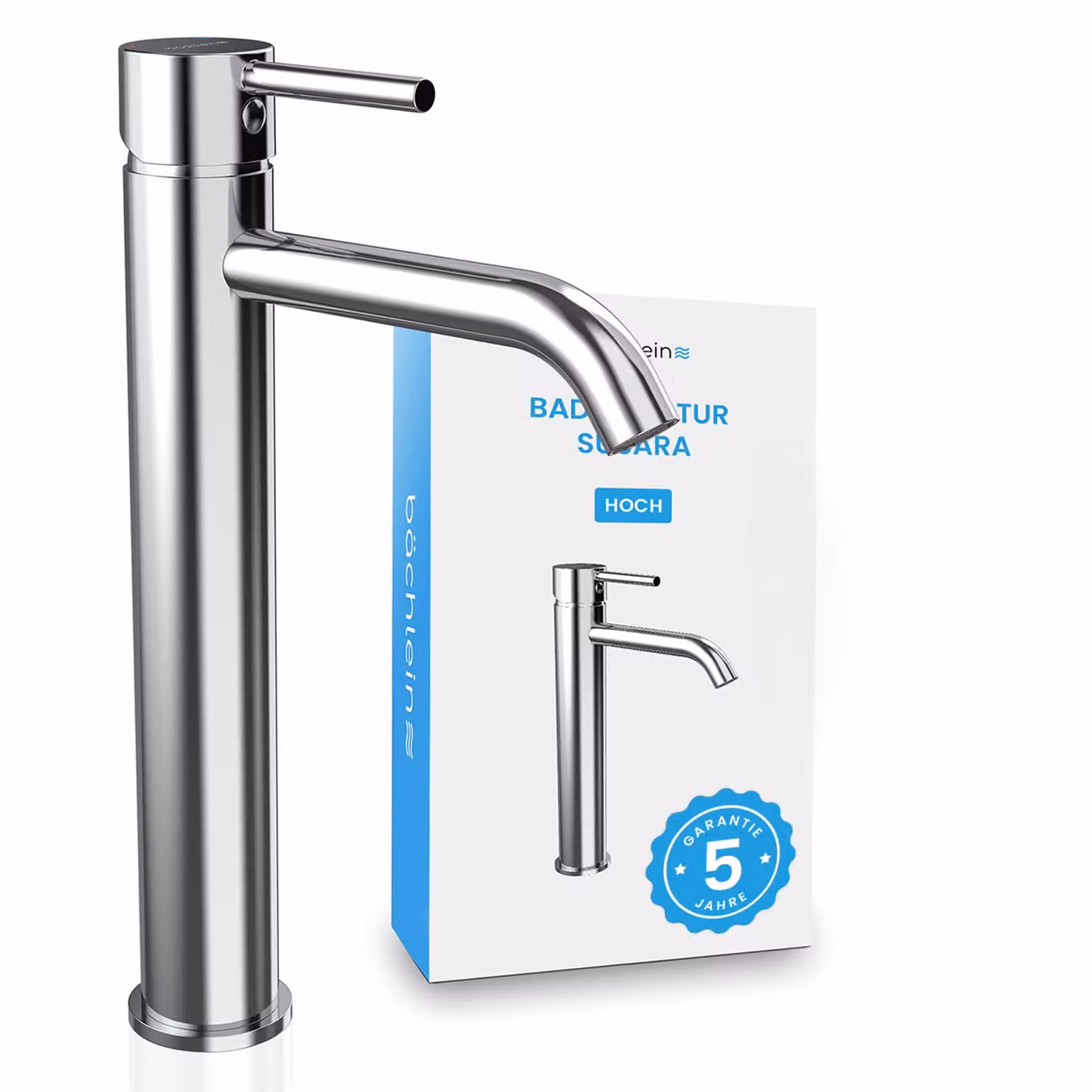 Rubinetto da bagno Bächlein Susara alto con bocca curva, miscelatore monocomando di design extra alto per lavabo da appoggio con cartuccia in Vetroceramica resistente e set di installazione, rubinetto da bagno cromato