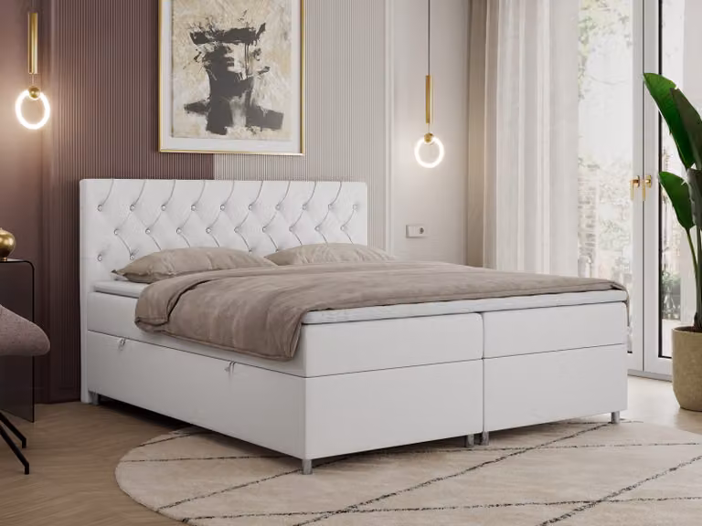 Letto boxspring 140x200 con contenitore, letto boxspring 140x200 con materasso, letto matrimoniale con materasso e topper - Letto imbottito con testiera - ROMA - 140x200 - Bianco - Ecopelle - H3