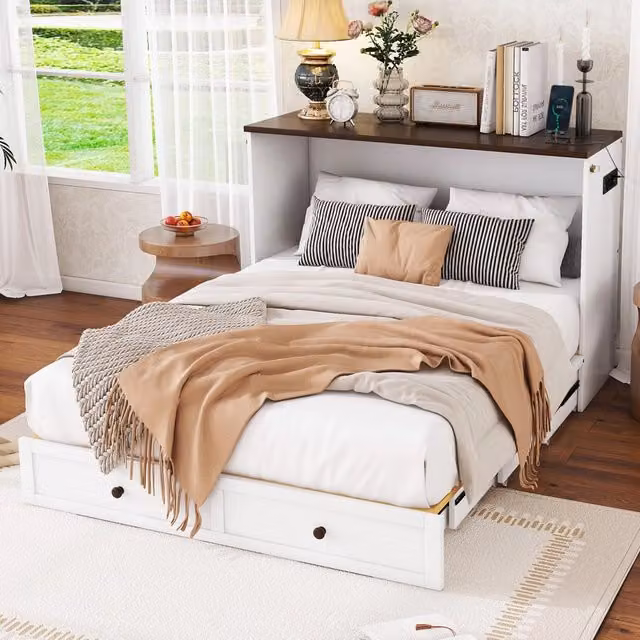 Letto a scomparsa matrimoniale 140×200 cm con cassetto, presa elettrica e USB, senza materasso, pino, bianco