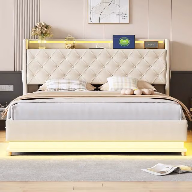Letto contenitore matrimoniale 160 × 200 cm con LED, USB e sollevamento idraulico, senza materasso, beige