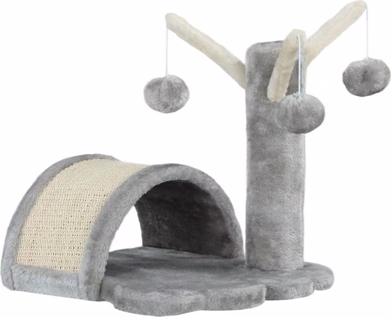 Tiragraffi 40 cm Piccola torre per gatti con grotta, 2 palline da gioco, tappetino tiragraffi, tiragraffi per gatti, albero da arrampicata, per gatti piccoli e grandi, grigio chiaro