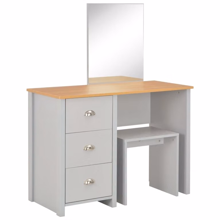 Tavolo da Trucco con Specchio e Sgabello Grigio 104x45x131 cm
