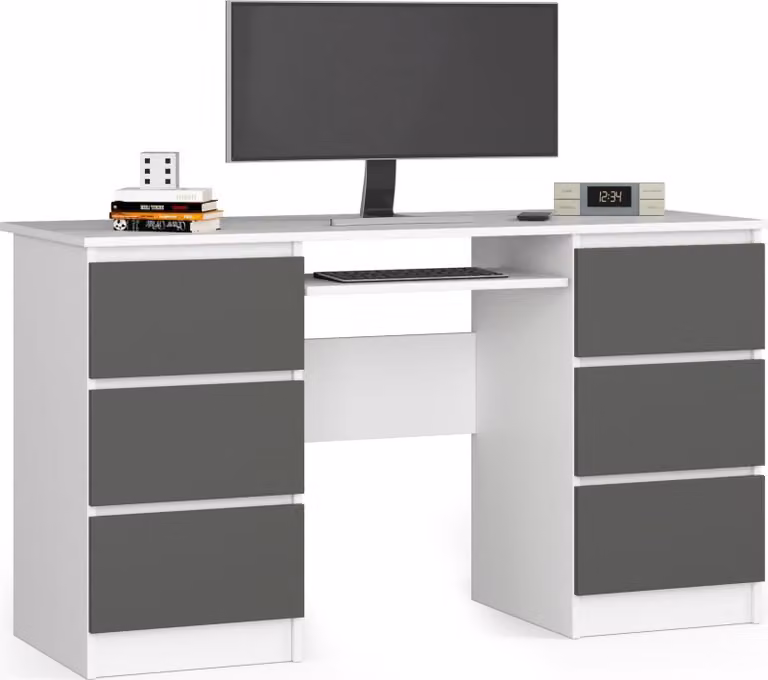 Scrivania da 135 cm con 6 cassetti, scrivania per computer con ripiano estraibile per tastiera, scrivania da gaming
