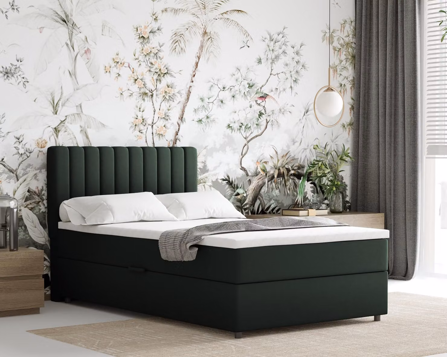 Letto boxspring 120x200 EVEREST, con topper, con contenitori, letto singolo, verde scuro, Panda Möbel