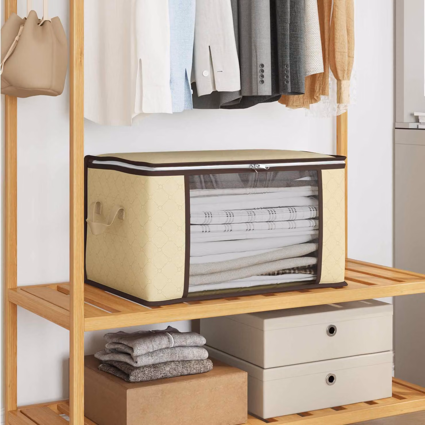 Set di 6 scatole di stoccaggio pieghevoli vidaXL in tessuto beige con finestra trasparente e maniglie, L: 43 cm, P: 35 cm, H: 12,5 cm