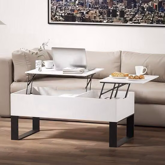 Tavolino da soggiorno – Regolabile e pieghevole – Con spazio contenitivo nascosto – Bianco – 100x50x42 cm