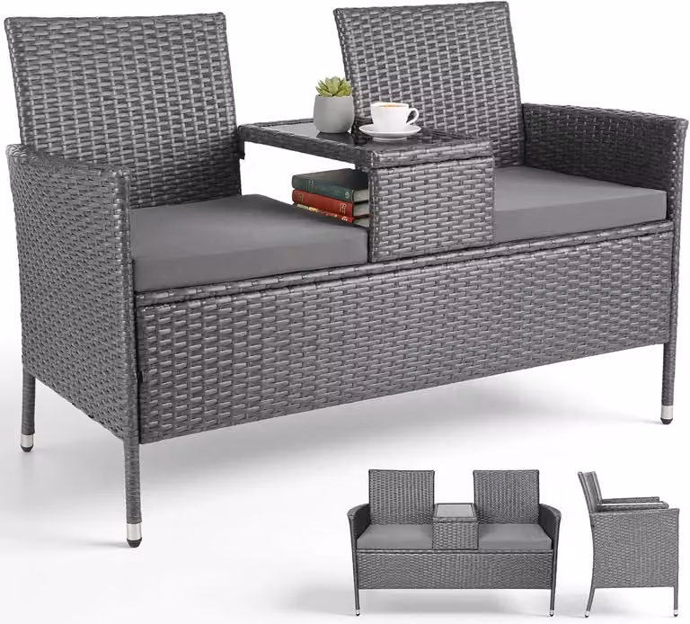 Set di mobili da giardino in rattan - Arredamento per balcone per 2 persone - Tavolo integrato - Con cuscini - Resistente agli agenti atmosferici, capacità massima di 200 kg - Grigio