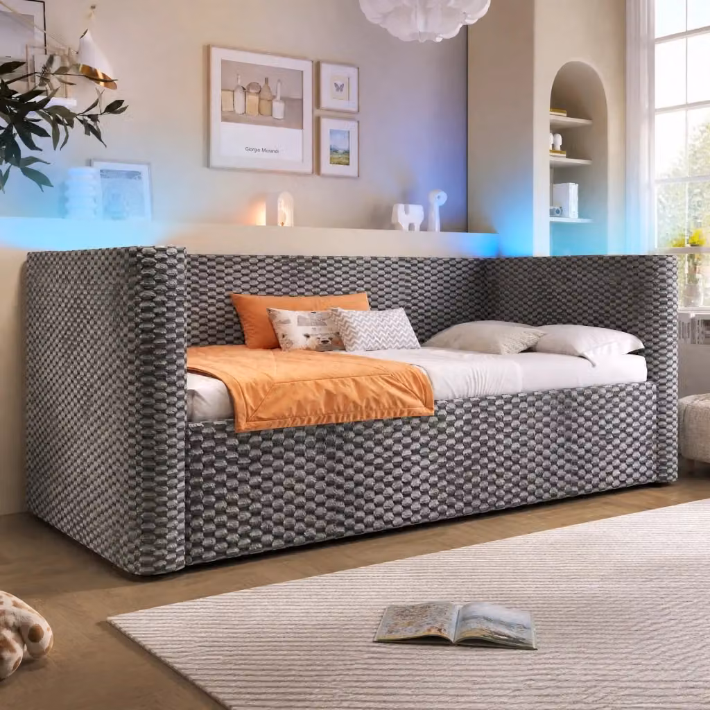 Divano letto Mivray in velluto grigio con vano contenitore idraulico e illuminazione LED multicolore L/P/H: 228 x 90 x 104 cm – 2