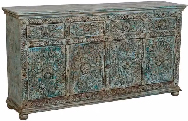 Credenza Wanderlust Deco in legno di mango blu con intagli floreali L: 100 cm, P: 45 cm, H: 96 cm – 1