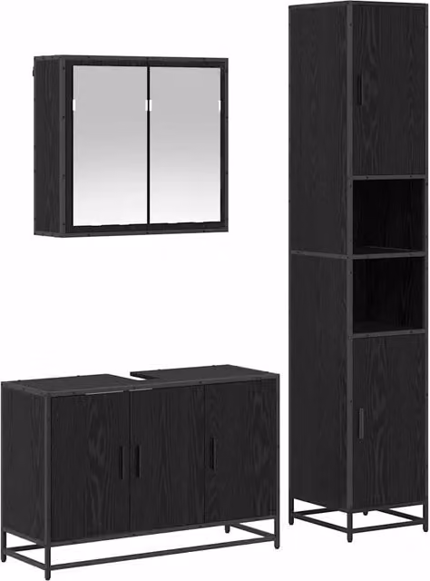 Set di mobili per il Bagno | Armadio da bagno 3 pz Rovere Nero Legno multistrato
