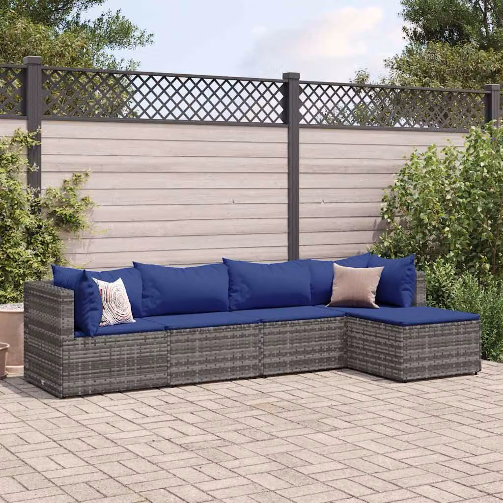 vidaXL Set Divani da Giardino 5 pz a Forma a L con Cuscini Blu e Grigio in Polyrattan e Metallo – 1