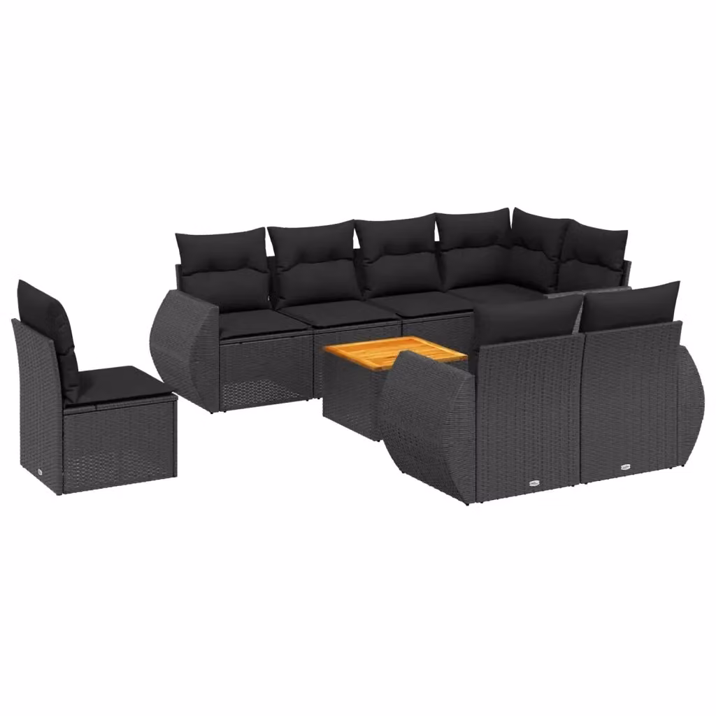 vidaXL Set Divani da Giardino 9 pz a Forma a U in Polyrattan Nero con Cuscini e Tavolino da Esterno – 2