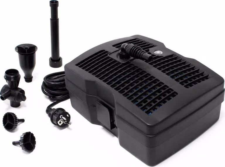 SunSun CUF-5000 filtro 3in1 con 3 accessori per fontane 2000l/h 42W, chiarificatore UVC 9W e 3 stadi di filtraggio inclusi i materiali filtranti, pompa per laghetti a fontana