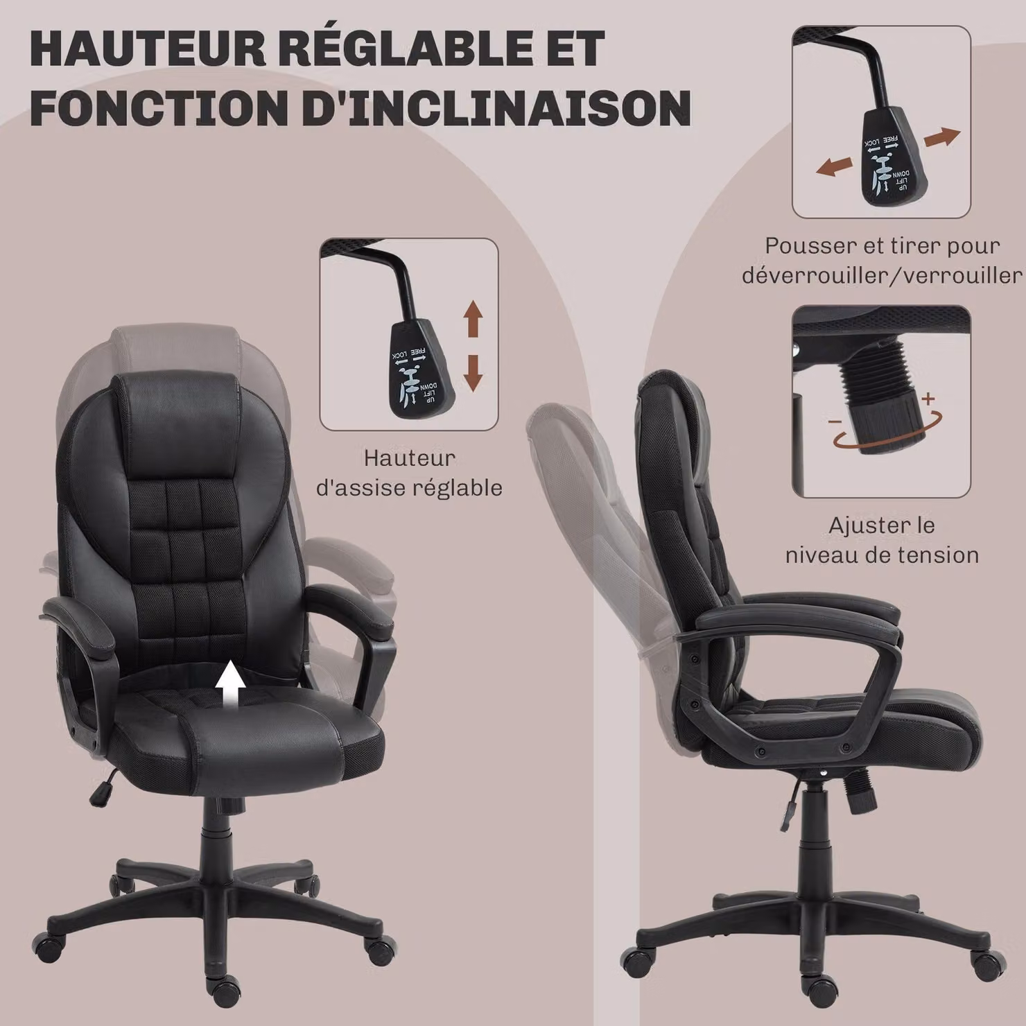 Sedia da ufficio ergonomica - Ecopelle nera - Altezza regolabile - Funzione di inclinazione e rotazione a 360 gradi