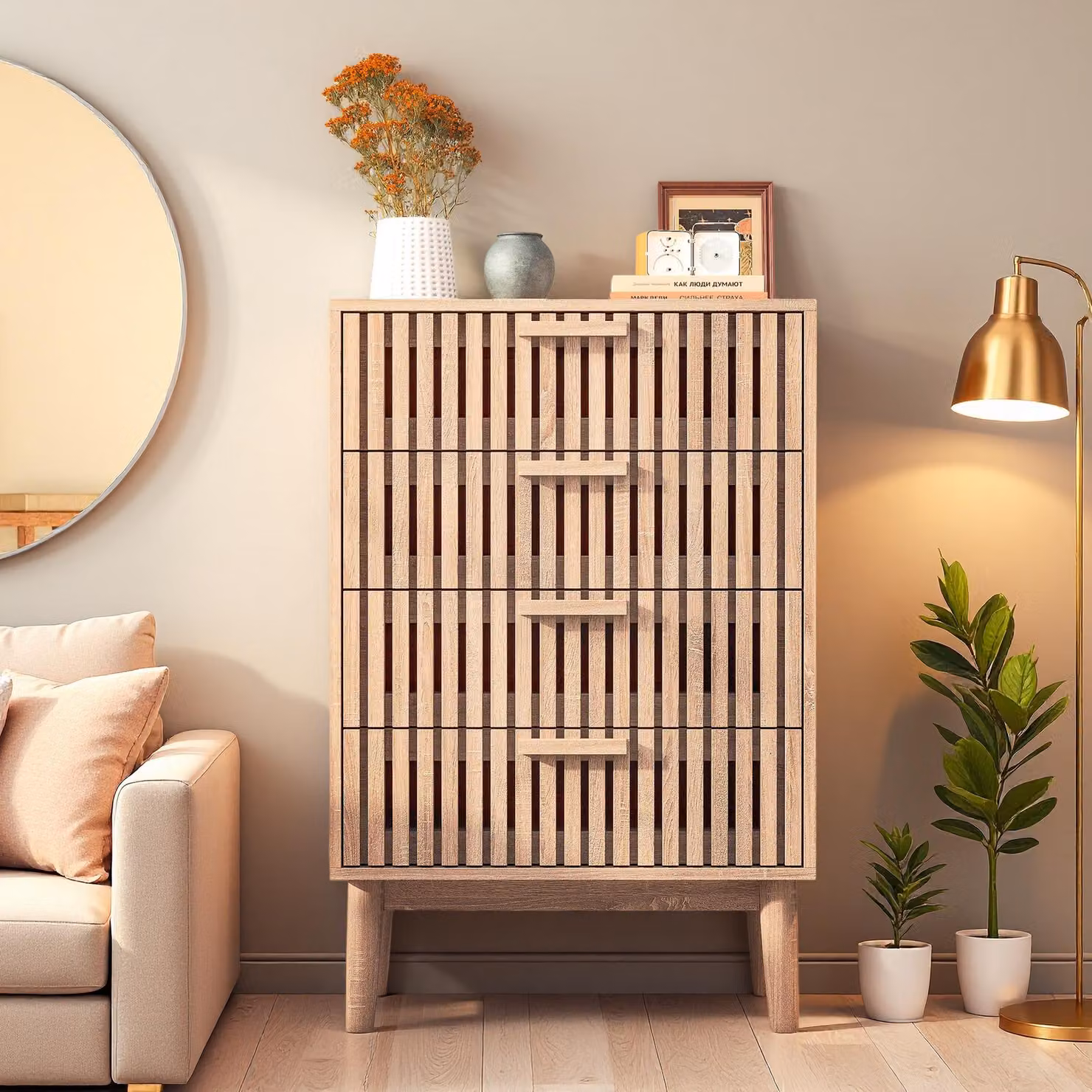Comodino INONEFT con 4 cassetti, mobiletto contenitore in legno, adatto per camera da letto e soggiorno, dimensioni 34x60x91 cm, colore legno naturale