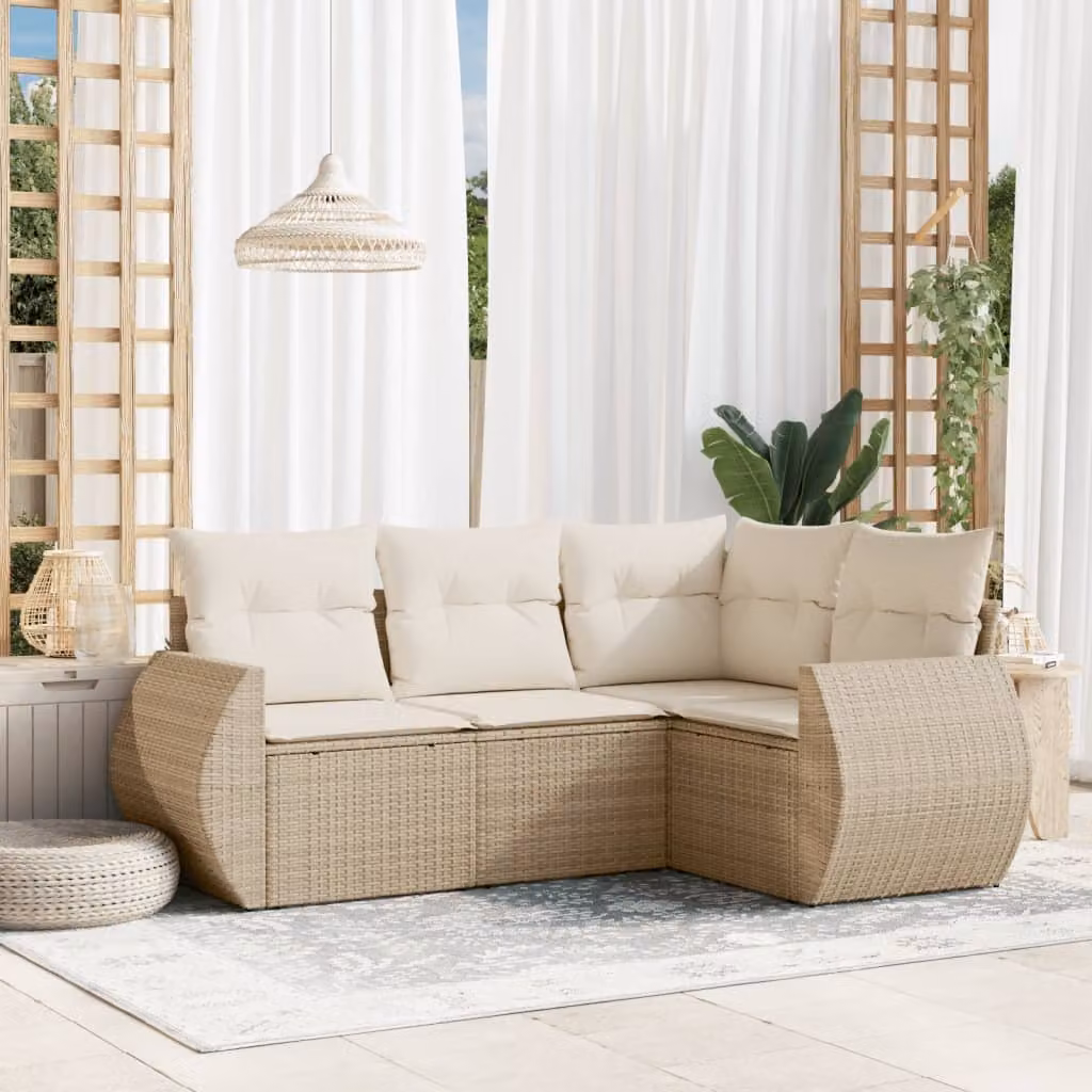 vidaXL Set Divano da Giardino a L 4 pz in Polyrattan con Cuscini Beige e Struttura in Metallo