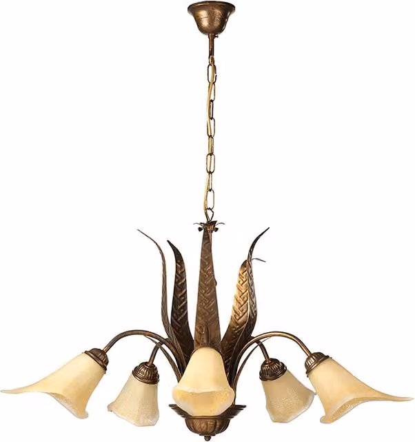 Lampadario Rustico Olga in Metallo e Vetro Marrone e Bronzo con 5 Portalampada E14